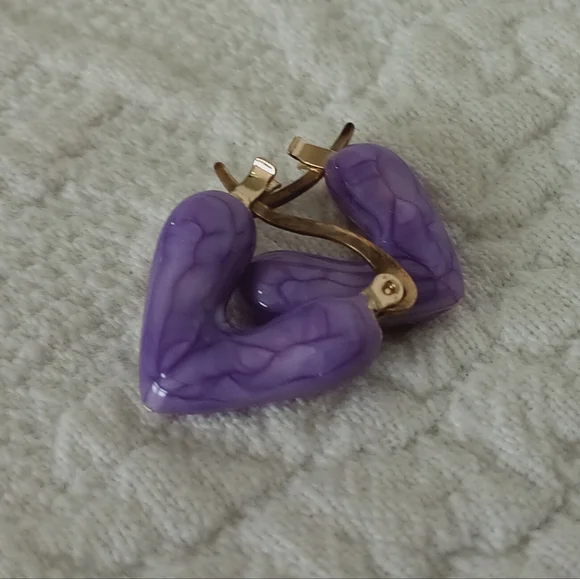 Purple Enamel Heart Hoop Earrings Cute Small Artsy Colorful Love Fun Gold Petite - Picture 2 of 7